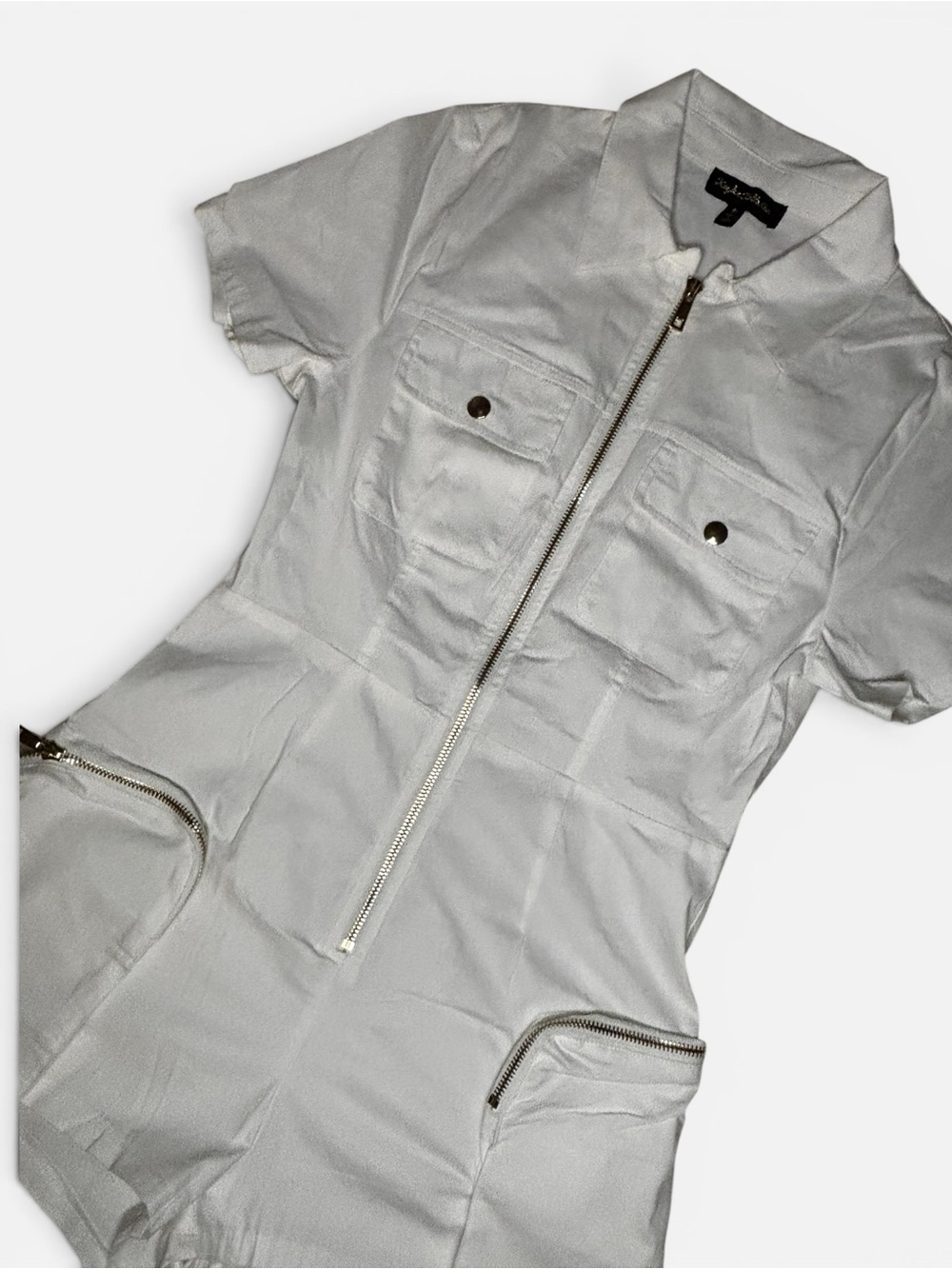 White Short Sleeve Zip Front Romper